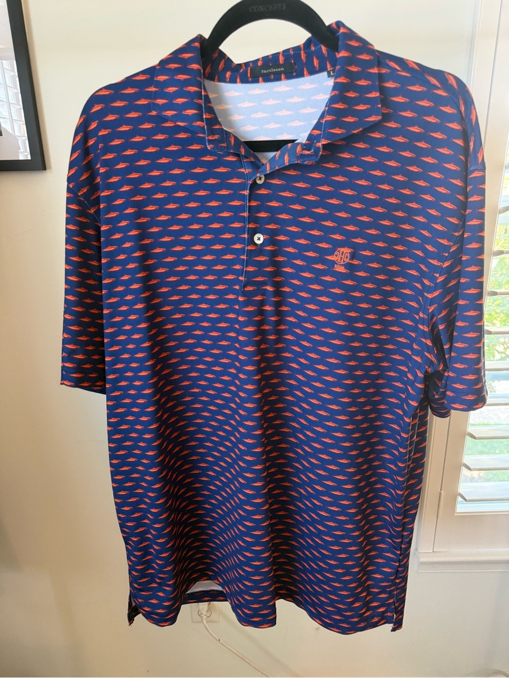 Turtleson Men’s Polo- Hermitage Country Club emblem - Navy with shark print